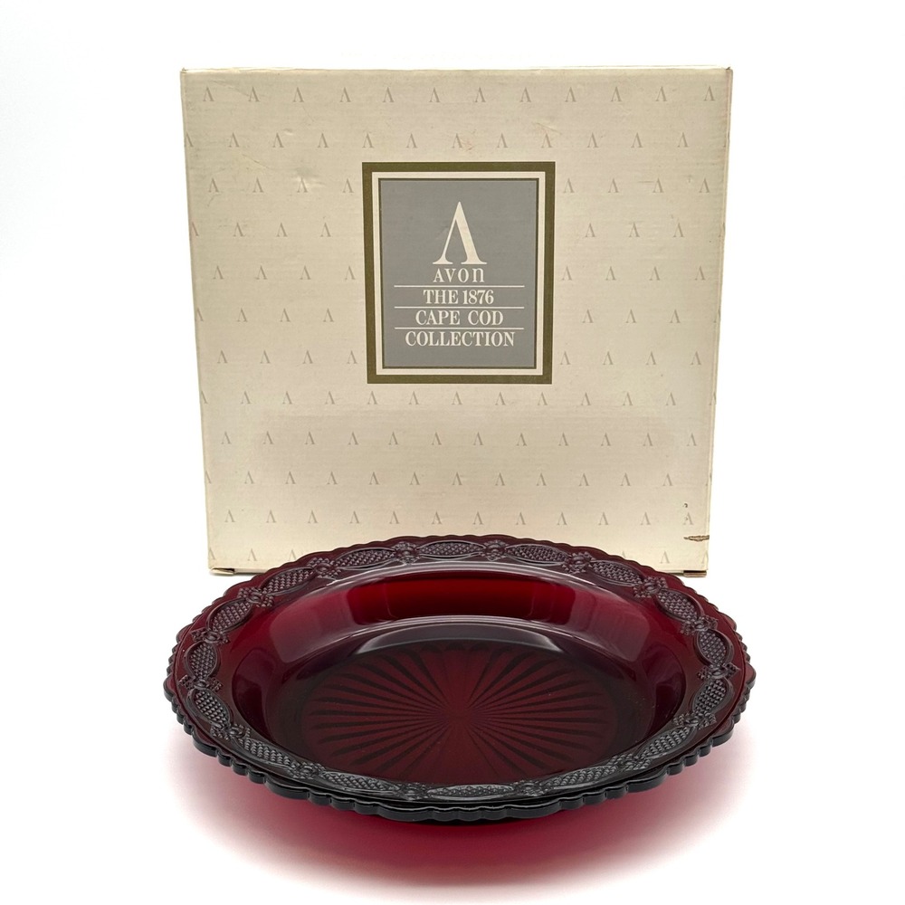 Avon 1876 Cape Cod Collection Pie Plate Server Ruby Red Glass 1992 NIB